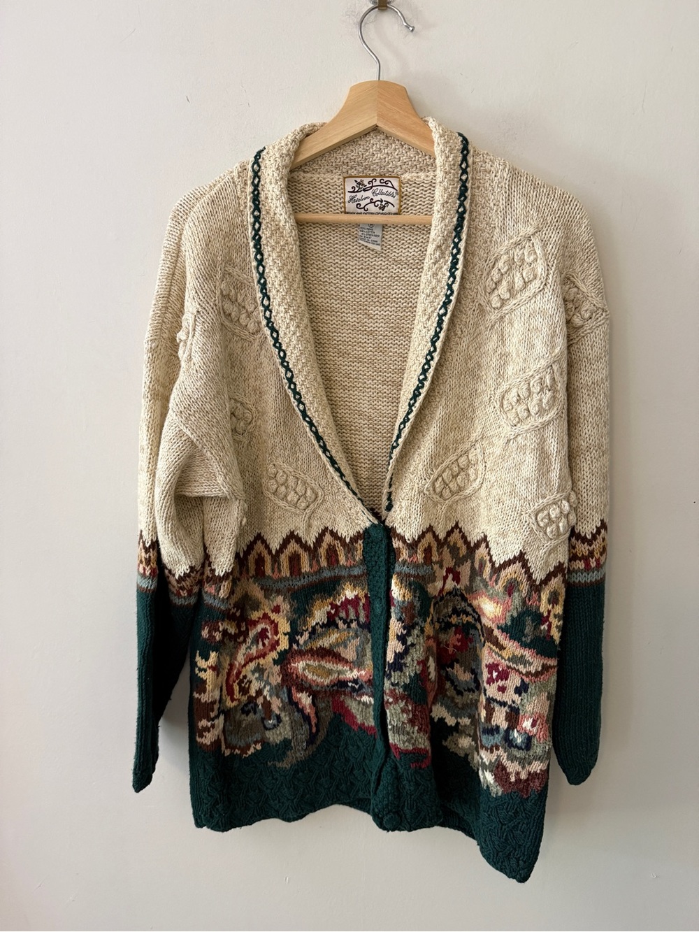 Shawl-Collar Fair Isle cottage core Cardigan Sweater - Cream & Dark Green